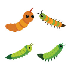 Cute cartoon vector illustration of green and orange caterpillars in various styles, ideal for kids' education, insect life cycle graphics, garden pest visuals, and fun nature-themed designs.