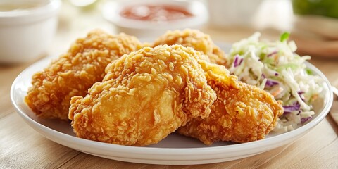 Crispy Fried Chicken with Golden Crust Served with Fresh Coleslaw on a Rustic Restaurant Table