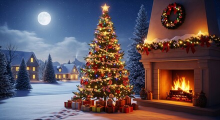 Fototapeta premium Cozy winter night scene with a decorated christmas tree and a roaring fireplace