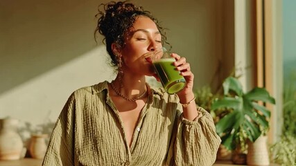 Beautiful woman drinking green juice at home