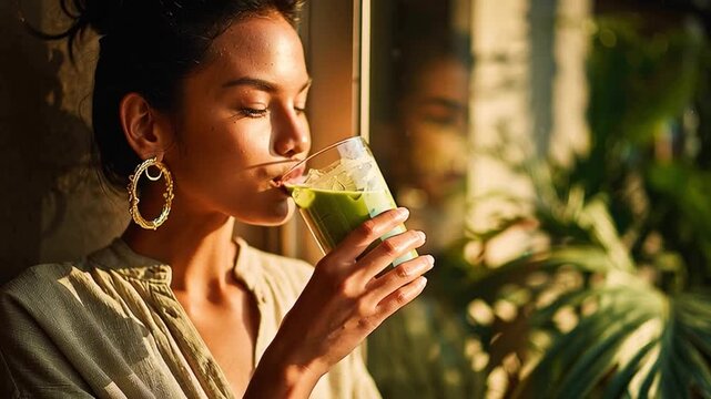 Young woman enjoying a matcha latte by the window
