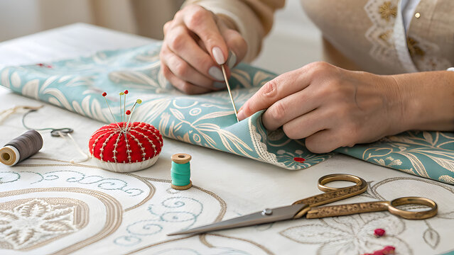 Hands sewing patterned fabric with needle thread and scissors