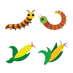 Cartoon vector illustration of corn and worms in a playful style, perfect for educational materials, pest control concepts, farm graphics, food safety visuals, and children’s content.