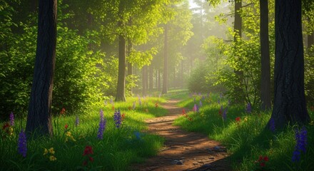 Obraz premium Enchanting Woodland Path Bathed in Golden Sunlight with Wildflowers Blooming