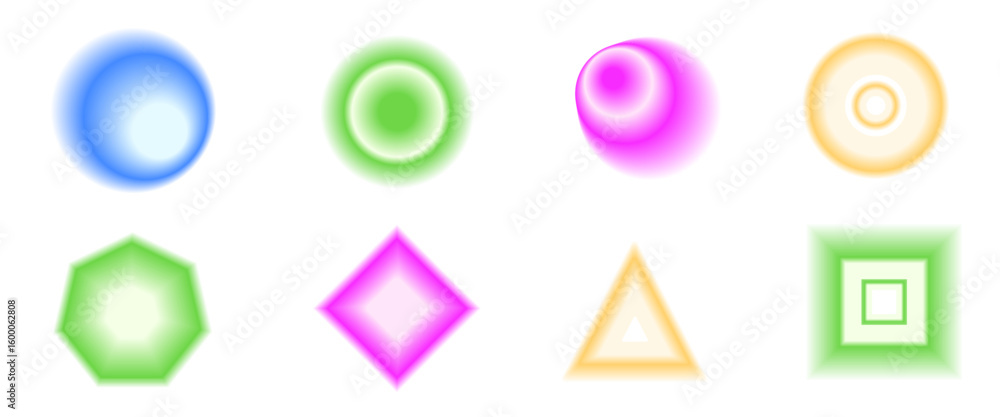 Poster blur gradient geometric shape set. y2k retro circle with rectangles forms. colorful triangle and rho