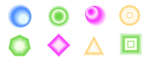 Blur gradient geometric shape set. Y2k retro circle with rectangles forms. Colorful triangle and rhombus icons on white background. Trendy effect with blurry texture. Vector illustration.