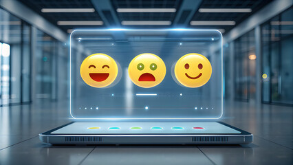 Holographic interface displays three emotion emojis above tablet