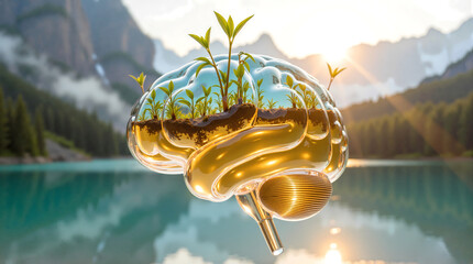 A golden human brain sprouts green shoots amidst a serene lake and mountains, symbolizing growth and creativity.