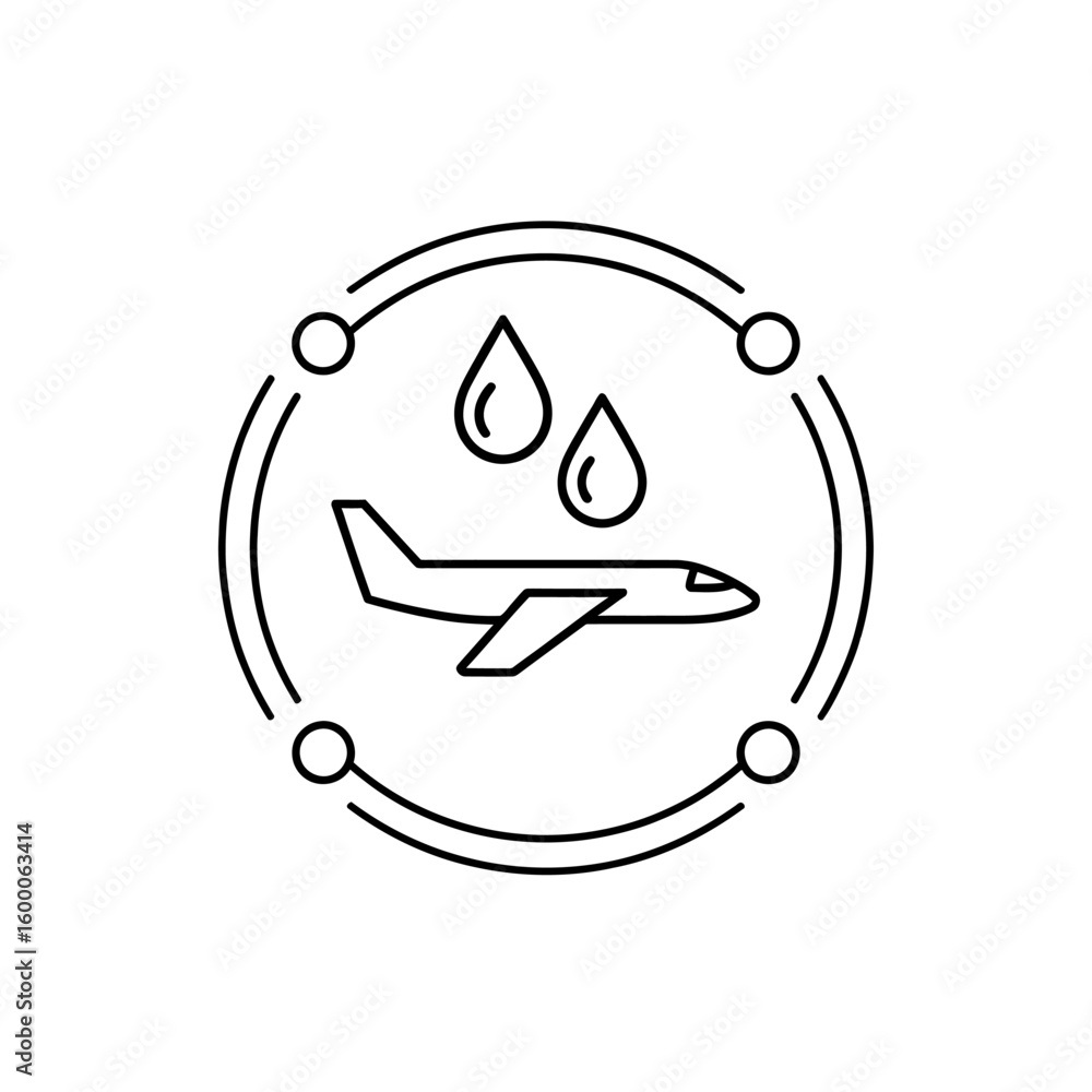 Poster simple line art icon of an airplane with water drops inside a circular frame
