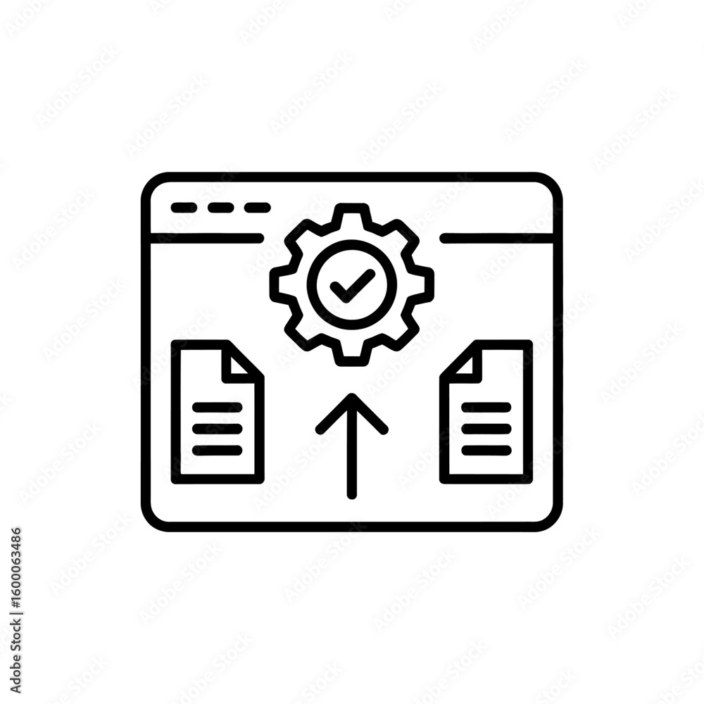 Poster web page icon with gear and checkmark indicating successful process and document management