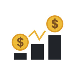 A financial growth chart shows rising black bars with gold dollar coins atop, connected by a yellow upward trend line, against a white background.
