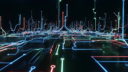 Animated Digital Circuitry Cityscape with Glowing Blue Green and Red Lines on Black Background - Powered by Adobe