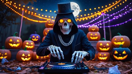 A hooded skeleton DJ spinning music at an outdoor Halloween celebration, surrounded by glowing jack-o'-lanterns and festive string lights
