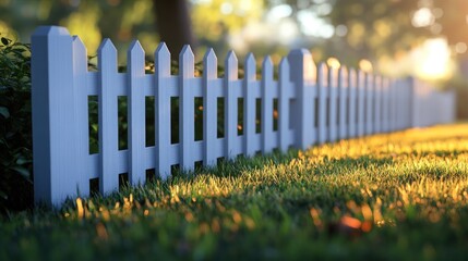 Tranquil white picket fence at sunrise