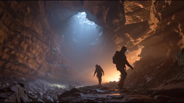 Deep cave exploration with headlamps revealing ancient rock formations dangerous spelunking adventure