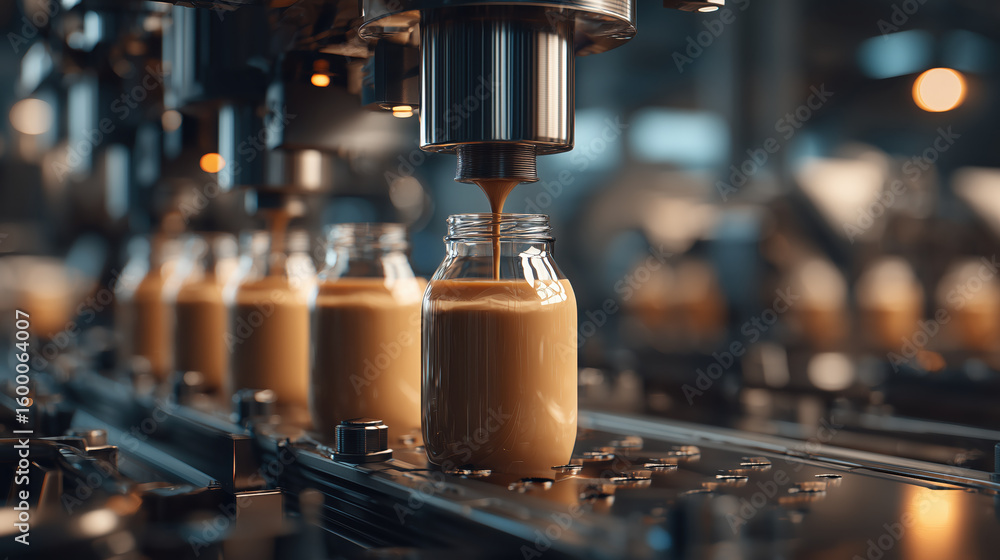 Poster automated coffee bottling line in modern factory with glass jars being filled efficiently