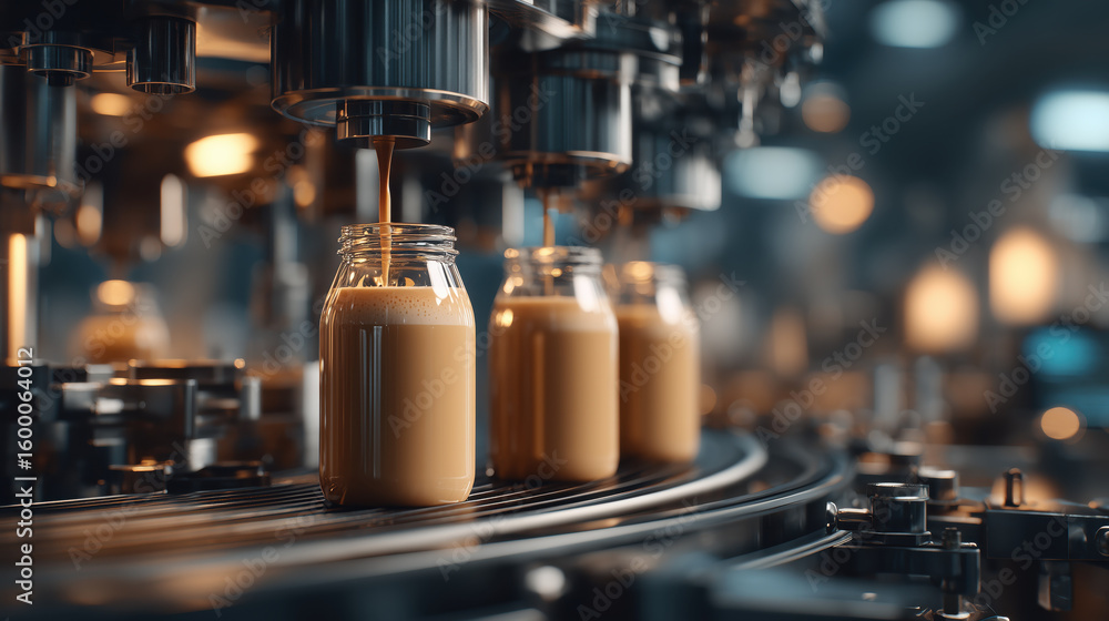 Poster automated coffee bottling line in modern factory with jars being filled efficiently