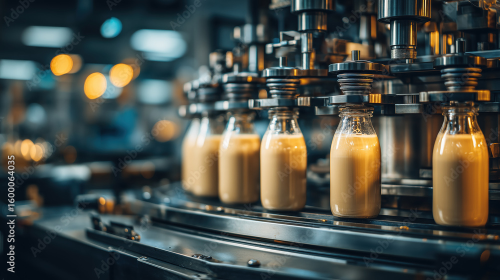 Poster automated coffee bottling line in modern factory, showcasing efficiency and precision