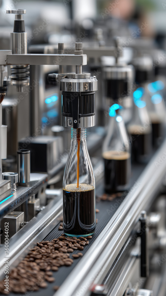 Poster automated coffee bottling line in modern factory with coffee beans visible, showcasing efficiency