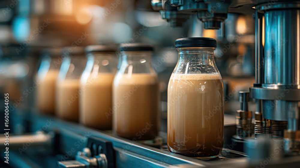 Poster automated coffee bottling line in modern factory with glass bottles being filled efficiently