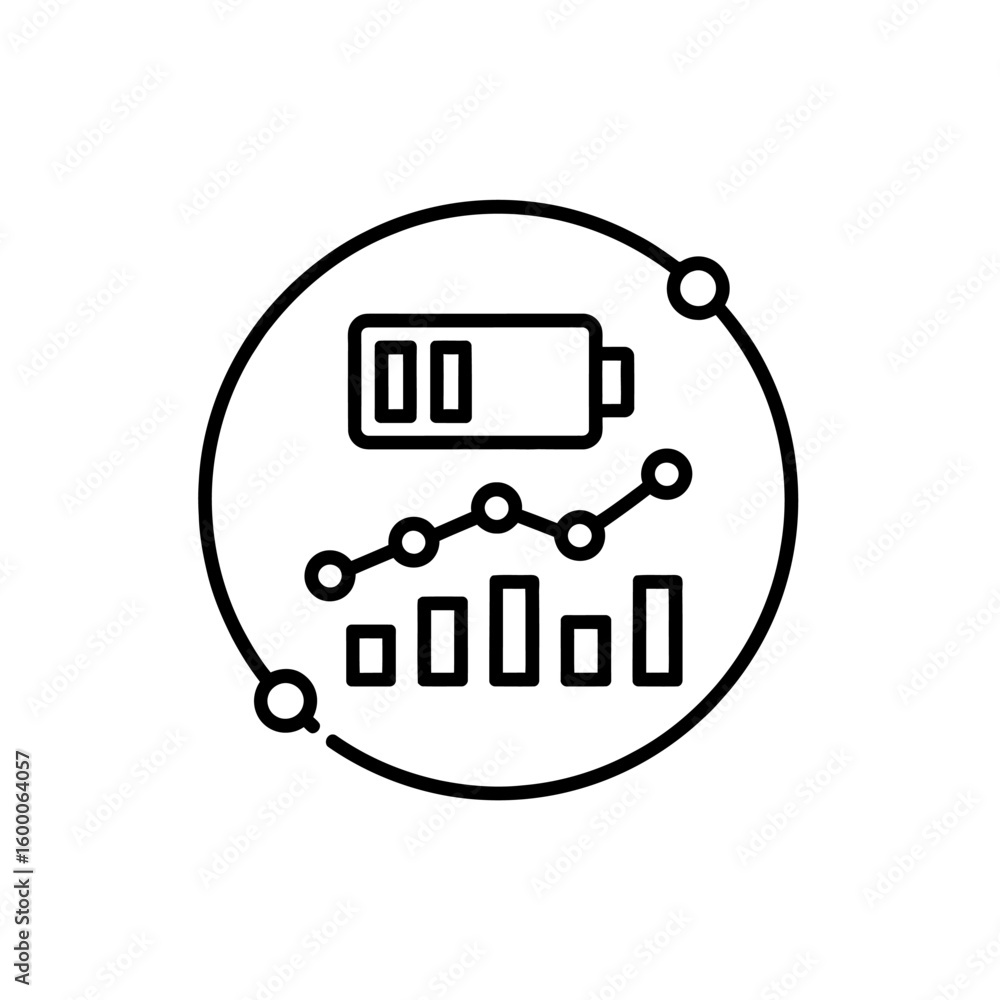 Poster battery charge level indicator with rising bar graph and line chart
