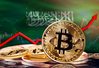Bitcoin with Saudi Arabia flag in the background. Bitcoin rising with Saudi Arabia flag in the...