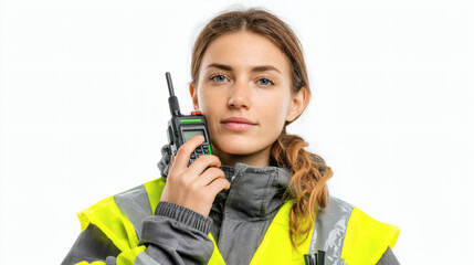 Woman in Neon Yellow Safety Jacket with Aviator Sunglasses Using Walkie-Talkie on Construction Site

