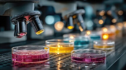 Microbiology research tools including culture kits, petri dishes, microscopes, and incubators for studying bacteria, viruses, and microorganisms in lab settings.