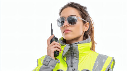 Woman in Neon Yellow Safety Jacket with Aviator Sunglasses Using Walkie-Talkie on Construction Site


