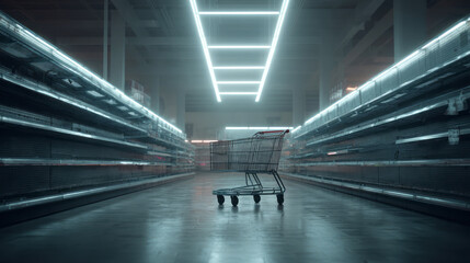 Empty supermarket aisle with harsh fluorescent lighting and a single abandoned shopping cart placed precisely at the center, evoking isolation and scarcity. ai generative