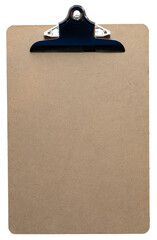 Wooden Displays physical clipboard with clip at the top for holding paper isolated on white background, top view.
