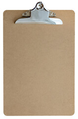 Wooden Displays physical clipboard with clip at the top for holding paper isolated on white background, top view.