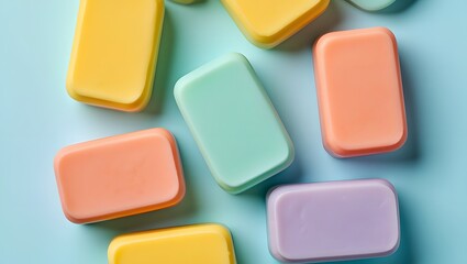Pastel soap bars flat lay top view on blue background for hygiene and skincare products