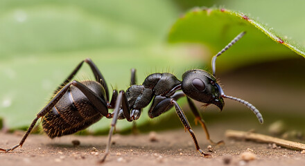 Fototapeta premium Close-up of a Black Ant on the Ground with Green Leaf Background