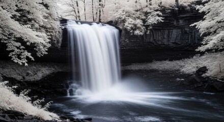 Serene Cascading Waterfall Surrounded by Ethereal Winter Forest in Infrared