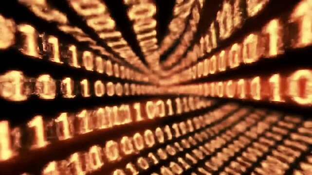 Glowing Binary Code Streamed Through The Dark Illuminated Tunnel With Orange And Black Colors