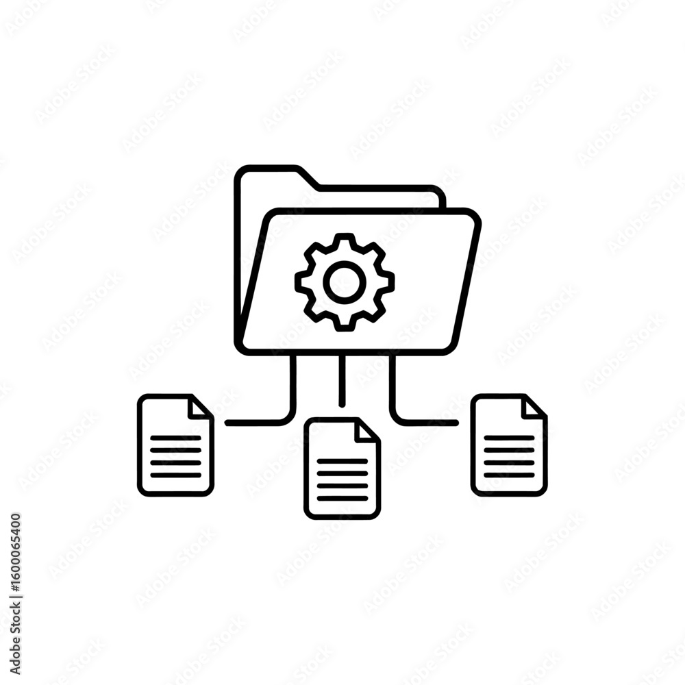 Poster folder with gear icon and connected documents representing data management and organization