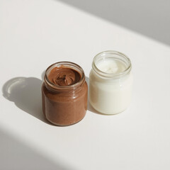 chocolate jam and milk in separate jars with a warm atmosphere