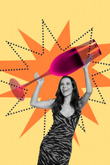Banner pop 3d zine artwork collage of happy girl dance cocktail glass wine celebration pub chill entertainment friday mood