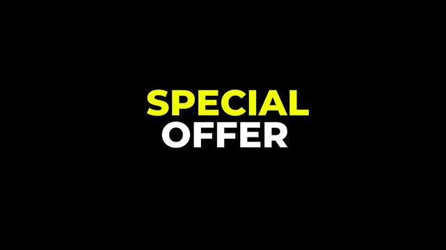 Animated &ldquo;Special Offer&rdquo; text with bounce and fade-in effect. Yellow and white color combination, transparent background. Perfect for promos, ads, banners, and motion graphics.