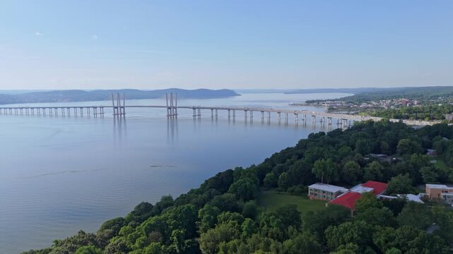 Governor Mario M. Cuomo Bridge on Hudson River, bridge connects Westchester and Rockland counties, Greenburgh, New York, USA. Aerial forward, copy space