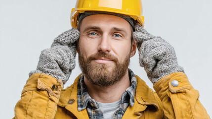 Smiling Construction Worker in Yellow Hardhat and Jacket 
