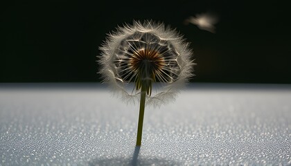 A dandelion's silhouette behind a frosted glass tabletop with it