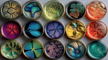 Microscopy samples including slides, coverslips, and biological specimens for examination in light, electron, and fluorescence microscopes in various scientific fields.