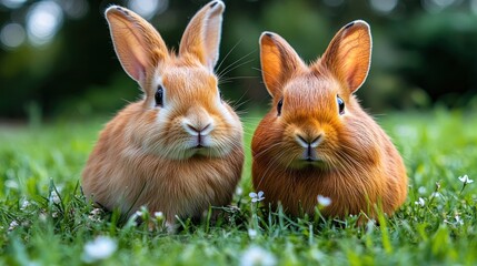 Fototapeta premium Two adorable bunnies in grassy field