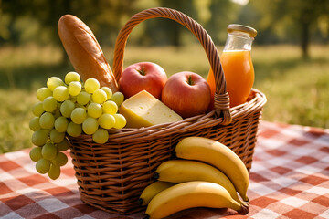 Close-up of a classic summer picnic basket filled with fresh fruits, baguette, cheese, and juice on plaid fabric — perfect for seasonal, food, or travel-themed designs.
