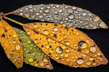 Close-up of three autumn leaves, covered in water droplets, varying in color from yellow-orange to muted green and gray