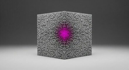 Intricate fractal cube with glowing magenta center on a minimalist background