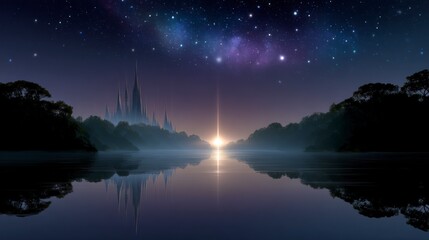 Naklejka premium Spiky structures on misty islands beside still water reflecting starry night sky