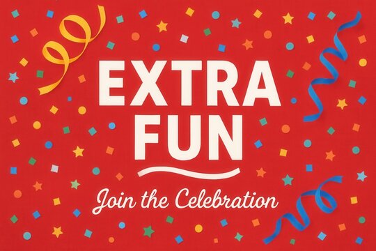 Bright red festive background with "EXTRA FUN" text, adorned with colorful confetti and curly ribbons, perfect for celebration and party themes.